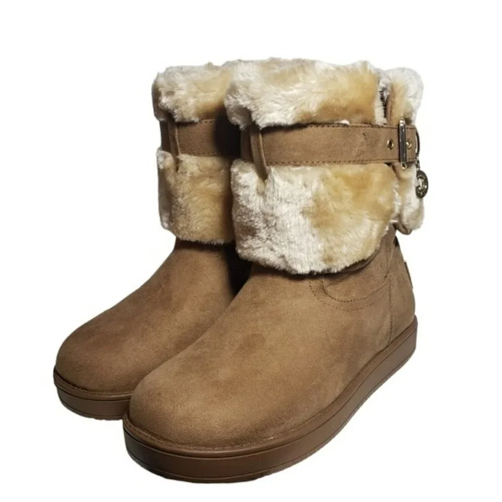 G by Guess Adlea Medium Brown Fabric Boots with Faux Fur Lining Sz 5M
